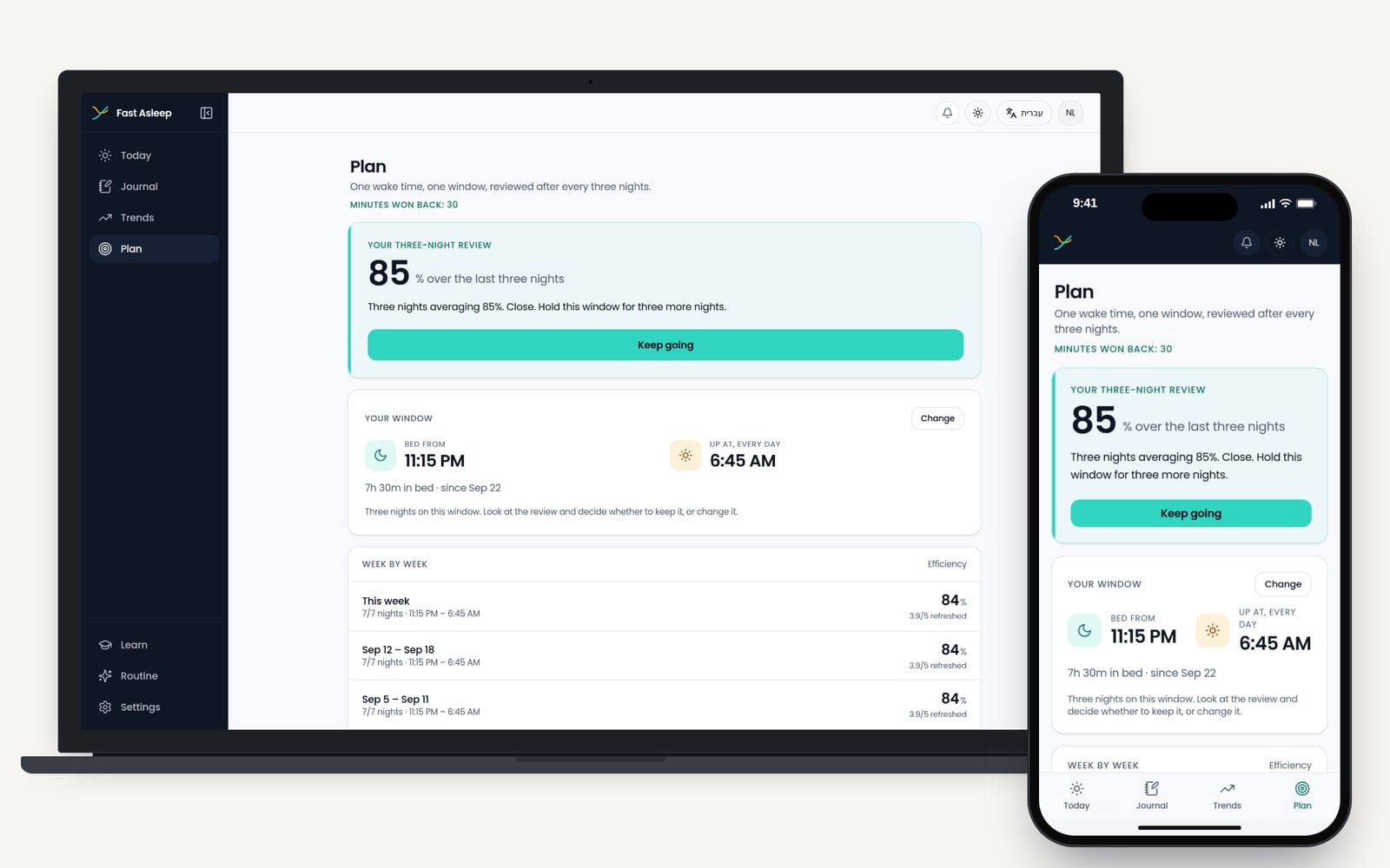 The Fast Asleep app's Plan screen: the sleep window, its three-night review and week-by-week efficiency.